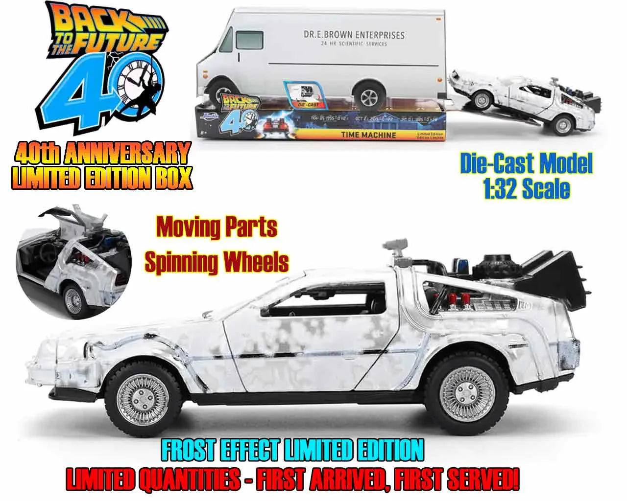 BACK TO THE FUTURE PART I 40TH ANNIVERSARY 1982 DELOREAN FROST EFFECT 1/32 DIE-CAST MODEL VAN BOX LIMITED EDITION