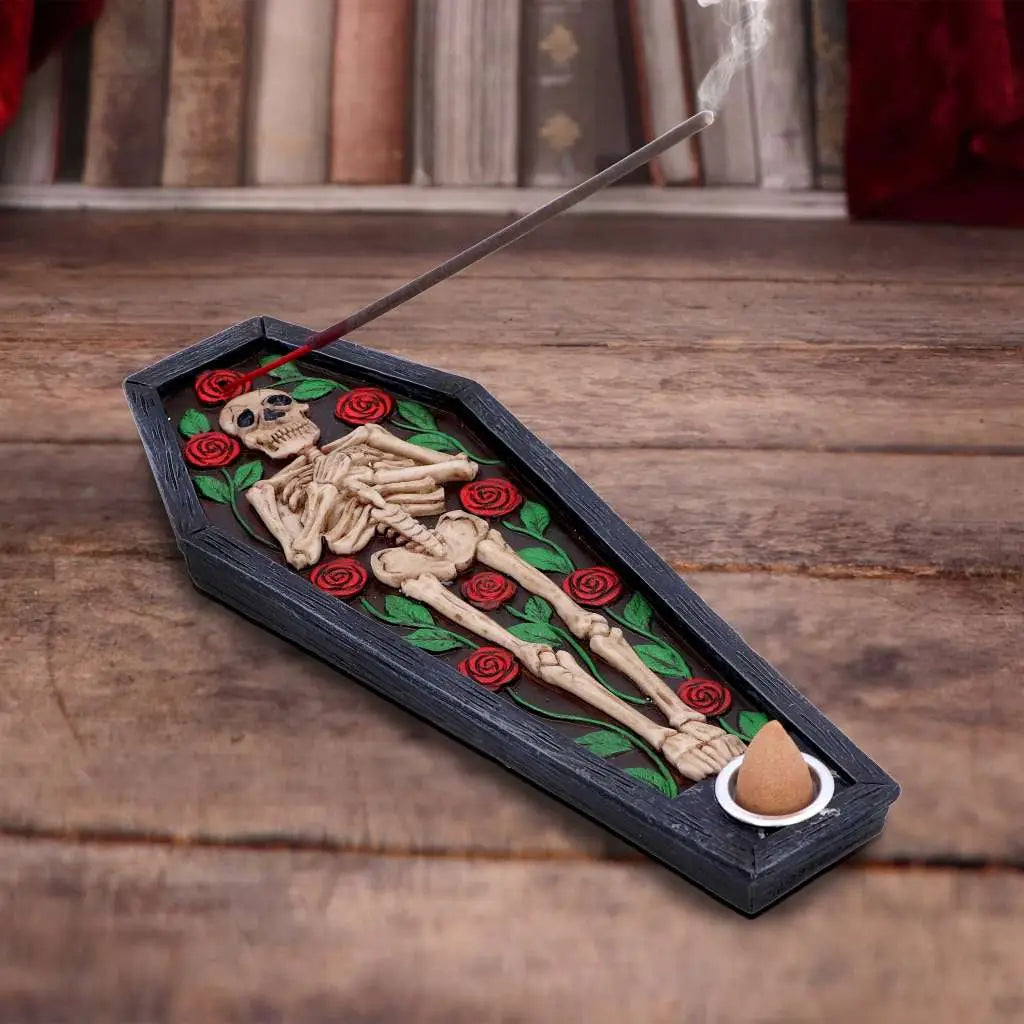 SKELETON REST IN ROSES COFFIN INCENSE BURNER
