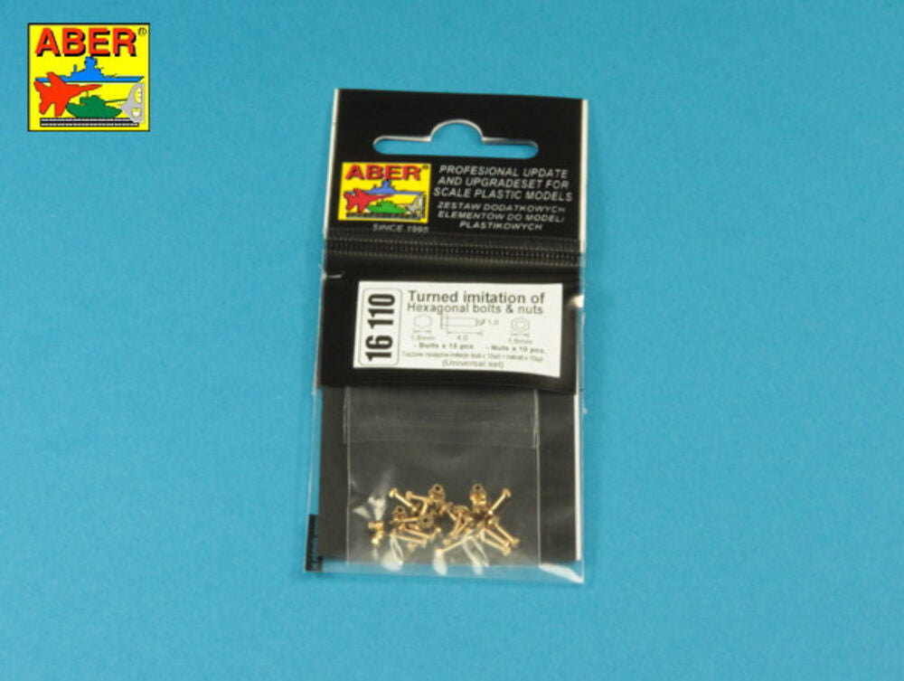 Turned imitation of Hexagonal bolts & nuts 1,6 x 4,0 mm x 15 pcs. And 1,6mm nuts x 10 pcs.