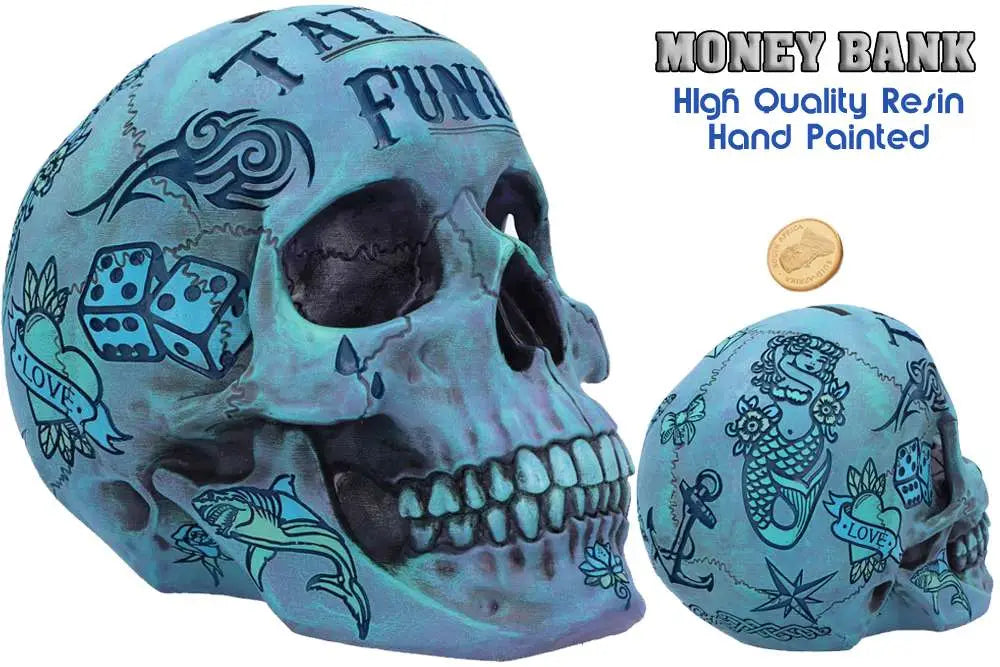 BLUE TATTOO SKULL MONEY BOX