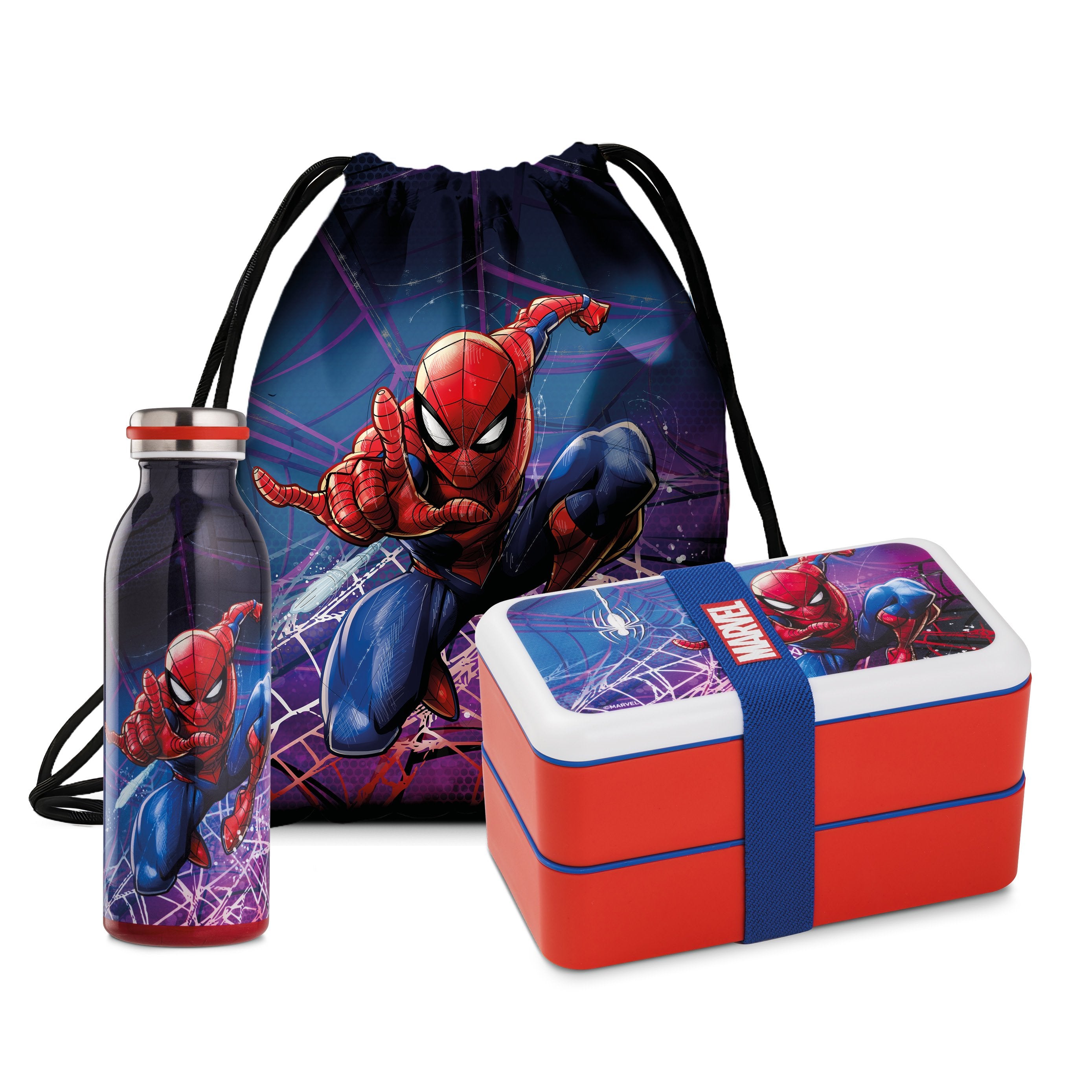 MARVEL - Set - Bottle + Lunch Box +  String Bag - Spider-Man