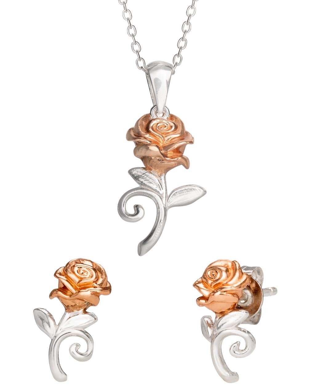 BEAUTY & BEAST - Rose - Silver Sterling Necklace + Earrings Set