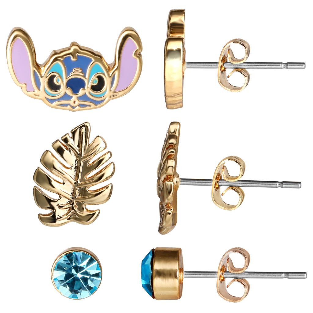 STITCH - Blue & Gold - 3 Pairs of Studs Earrings - Brass Plated