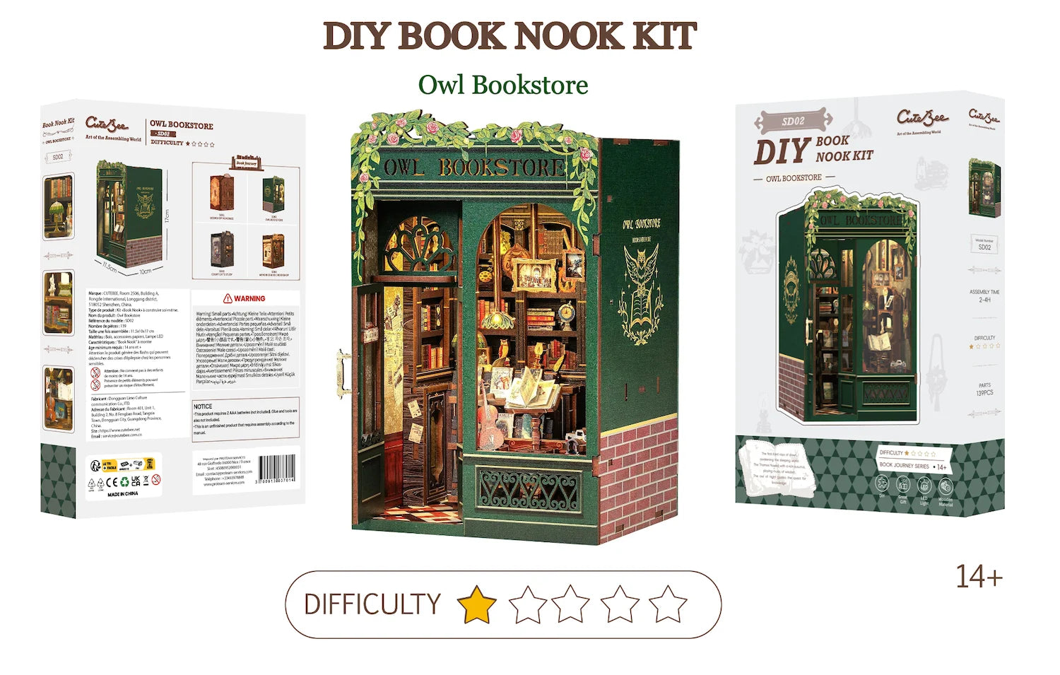 BOOK NOOK KIT - DIY - Owl Bookstore - 139pc + LED Light
