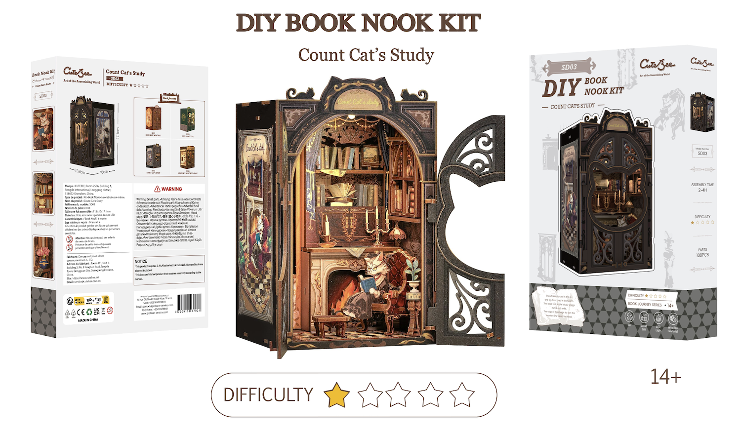 BOOK NOOK KIT - DIY - Count Cat's Study - 108pc + LED Light