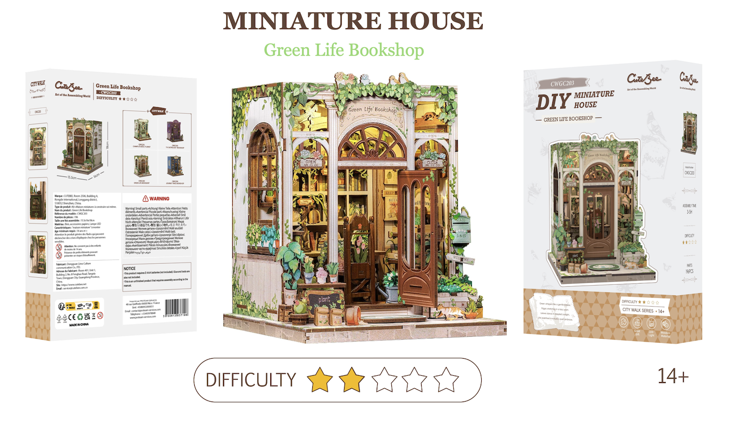 MINIATURE HOUSE - DIY - Green Life Bookshop - 196pc + LED Light