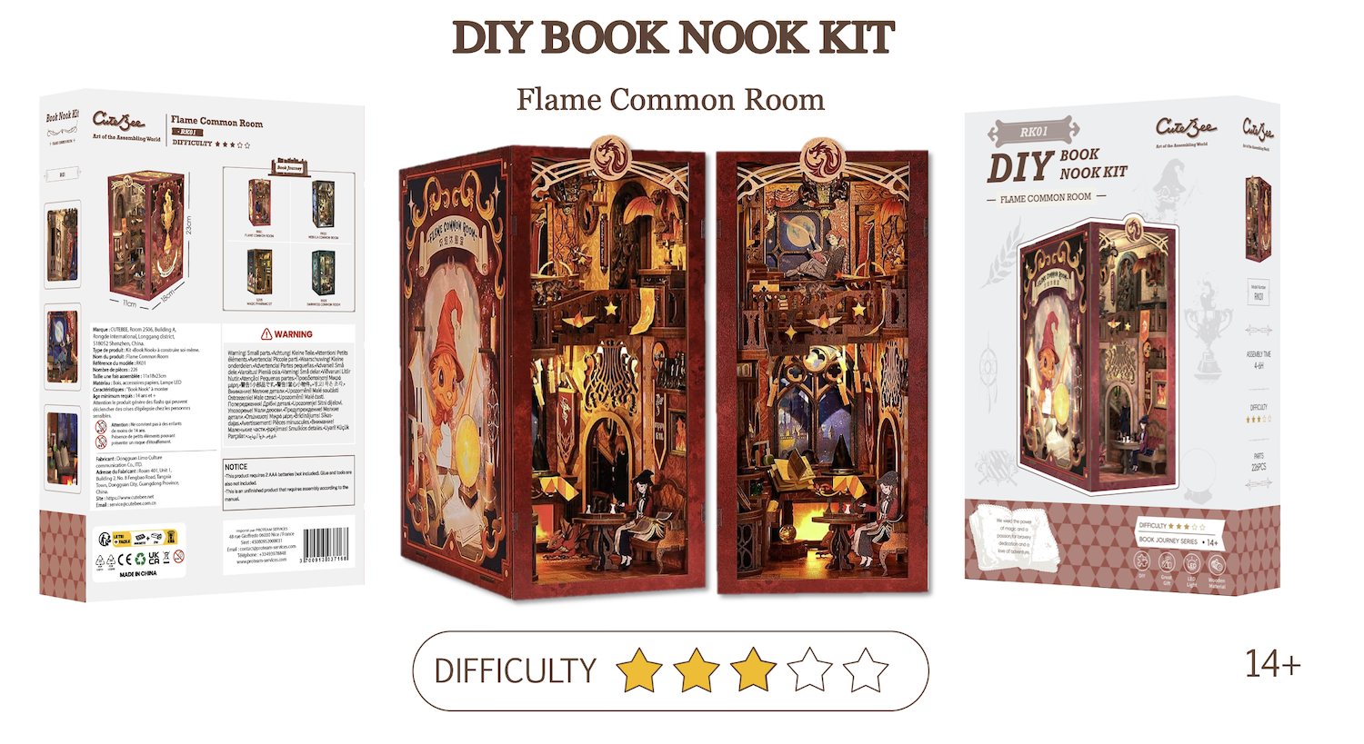 BOOK NOOK KIT - DIY - Flame Common Room - 226pc + LED Light