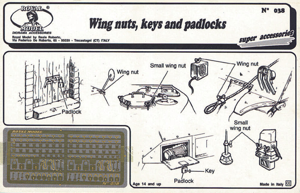 Wing nuts, keys and padlock