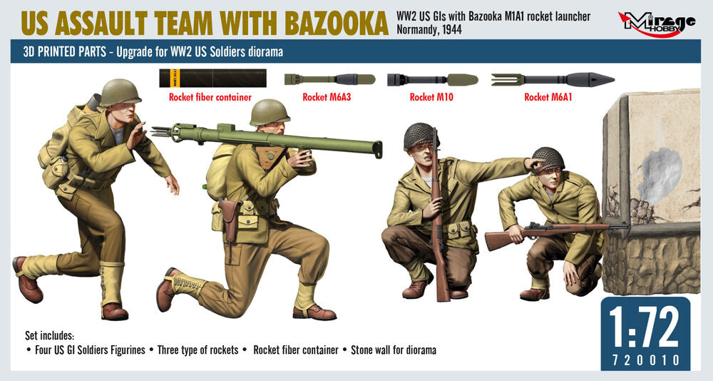 US ASSAULT TEAM WITH BAZOOKA, WW2 US GIs with Bazooka M1A1 rocket launcher Normandy, 1944