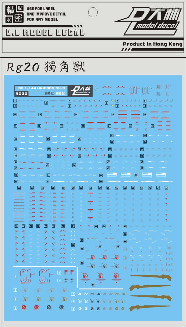 D.L Model Decal - RG20 - RG RX-0 Unicorn Gundam 1/144